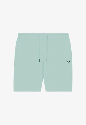Light blue casual shorts with drawstring waist, side pockets, and small crossed bat and paddle logo on left thigh.