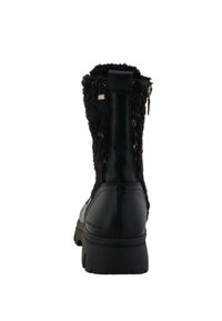 Stivale alla caviglia nero con pannello in lana texturizzata e tacco in pelle liscia, dotato di zip laterale e suola in gomma spessa, adatto per l'uso in inverno.