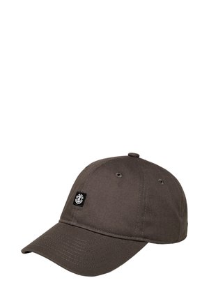 Donkergrijze katoenen baseballpet met een gebogen klep, geborduurd logo-opdruk aan de voorkant en ventilatiegaatjes op de kroon.