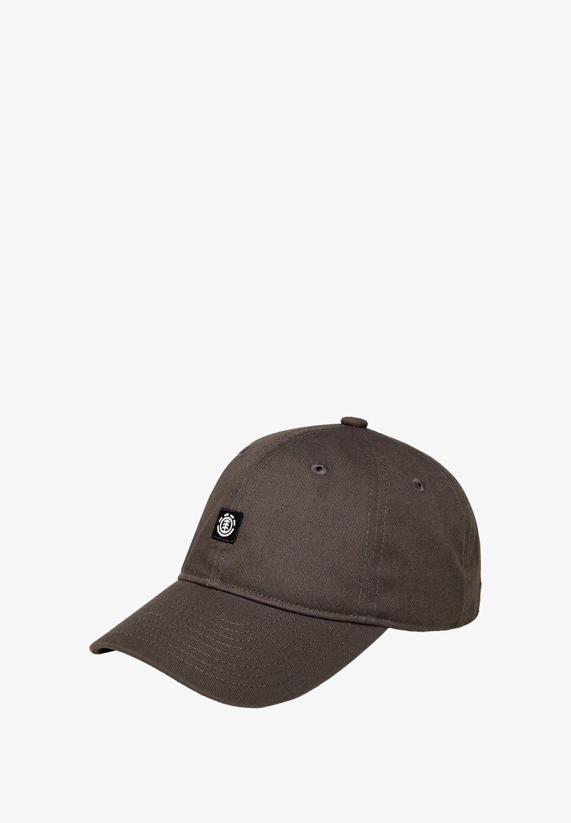 Cappellino da baseball in cotone grigio scuro con visiera curva, patch del logo ricamato sul davanti e fori di ventilazione sulla corona.