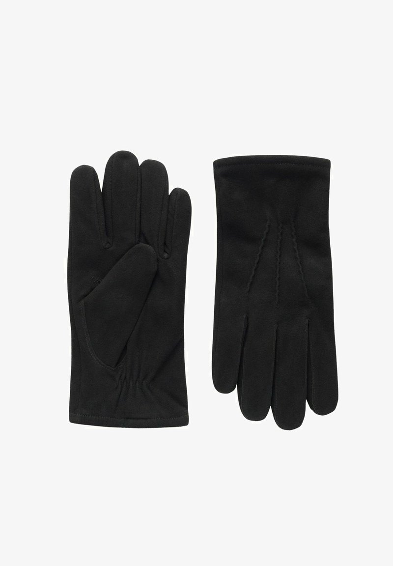 Svarta handskar i mjukt tyg, med en tight design, fem fingrar och rynkade handledsdetaljer för en säker passform.