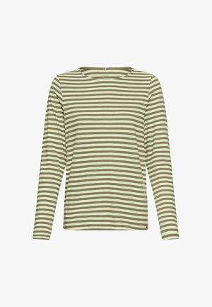 Long-sleeve shirt featuring alternating wide olive green and cream stripes, round neckline, and soft cotton fabric. Minimal branding at hem.