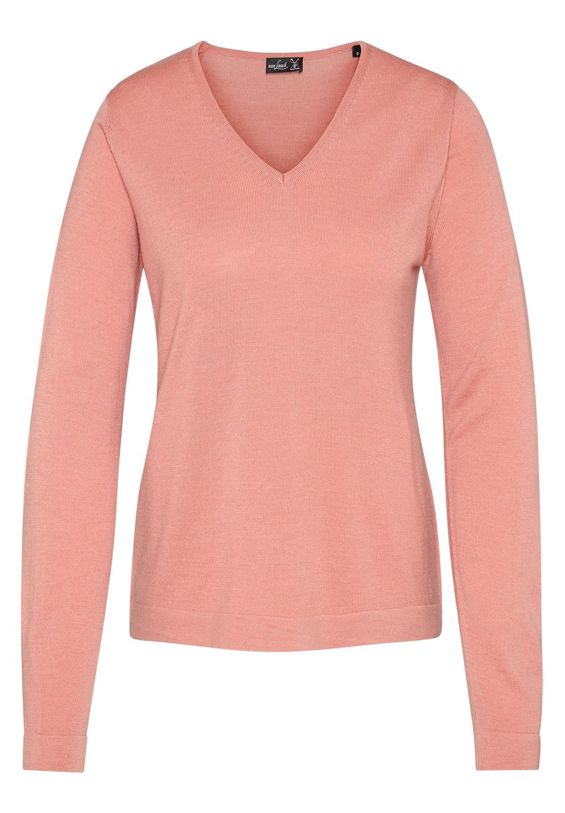Maglione a maniche lunghe con scollo a V in rosa chiaro. Tessuto a maglia morbido con texture a costine. Design semplice e orli finiti, adatto per essere indossato a strati.