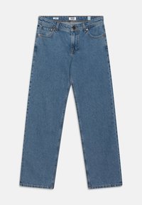 Blue denim jeans with a straight-leg cut, featuring a classic five-pocket design and light wash. Metal button and zipper closure.
