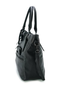 Zwarte leren handtas met dubbele handgrepen, ritsaccenten en een gestructureerde afwerking. Beschikt over een voorkantvak en zilveren hardwaredetails.