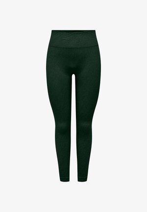 Dunkelgrüne Leggings mit einer dezenten Leopardenstruktur, hohem Taillenbund und figurbetontem Design, das bis zu den Knöcheln reicht.