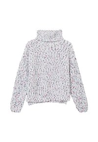 Pull en tricot avec un col haut, de couleur blanche, et des éclaboussures multicolores en rose, bleu et violet ; texture côtelée et poignets élastiques.