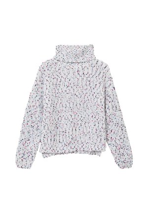 Maglione lavorato a maglia con colletto alto, fondo bianco e spruzzate multicolori in rosa, blu e viola; texture a costine e polsini elasticizzati.