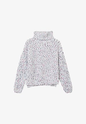Maglione lavorato a maglia con colletto alto, fondo bianco e spruzzate multicolori in rosa, blu e viola; texture a costine e polsini elasticizzati.