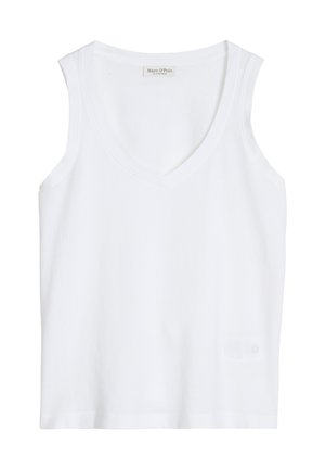 Weißes ärmelloses Tanktop mit V-Ausschnitt und Marc O'Polo Markenlabel innen am Kragen, flach auf weißem Hintergrund dargestellt.