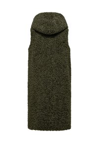 Gilet con cappuccio verde realizzato in materiale felpato testurizzato, caratterizzato da una linea lunga e dritta senza chiusure o decorazioni visibili.