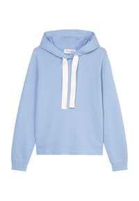 Felpa leggera blu con cappuccio realizzata in tessuto morbido, con tasca a marsupio, coulisse bianca e polsini e orlo a coste. Presenta un'etichetta con logo all'interno del colletto.