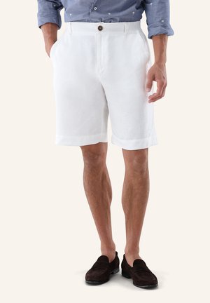 Mann trägt weiße knielange Shorts, blau hochgekrempeltes langärmeliges Hemd und dunkelbraune Loafers, steht mit den Händen in den Taschen.