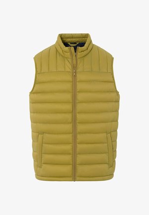 Ärmellose olivgrüne gesteppte Pufferweste mit vorne Reißverschluss und zwei Seitentaschen, verfügt über einen Stehkragen.