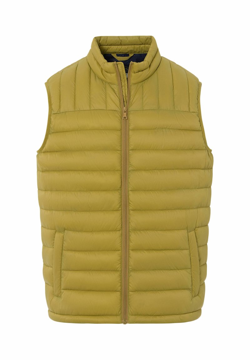Ärmellose olivgrüne gesteppte Pufferweste mit vorne Reißverschluss und zwei Seitentaschen, verfügt über einen Stehkragen.