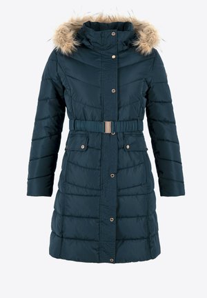 Donkerblauwe pufferjas met een met bont gevoerde capuchon, een ceintuur in de taille, knopen aan de voorkant en twee zijzakken met goudkleurige hardware. Gevarieerd geborduurd ontwerp.