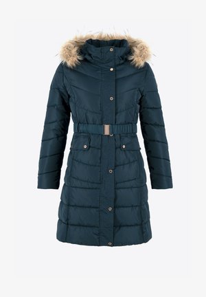 Dunkelblauer Steppmantel mit einem mit Fell gefütterten Kapuze, tailliertem Gürtel, vorderen Knöpfen und zwei Seitentaschen mit goldfarbener Hardware. Strukturierte Steppdesign.