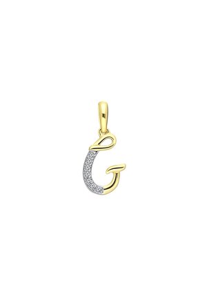 Pendentif en forme de lettre "G" plaqué or, présentant une section ornée de diamants d'un côté, avec un design courbé et une texture lisse.