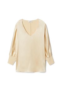 Blouse en satin crème avec un décolleté en V profond, des manches ballons trois-quarts et un ourlet droit. Texture lisse, design minimaliste, détail en trou de serrure au dos.