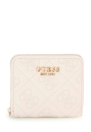 Blush-farbenes Portemonnaie aus geprägt synthetischem Material, mit einem Diamantmuster, goldfarbener Logo-Akzent und einem Reißverschluss.