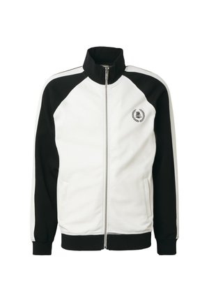 Weißer und schwarzer Jacke mit Reißverschluss, hohem Kragen, langen Ärmeln, Seitentaschen und einem kleinen Lorbeerkranz-Logo auf der linken Brust.