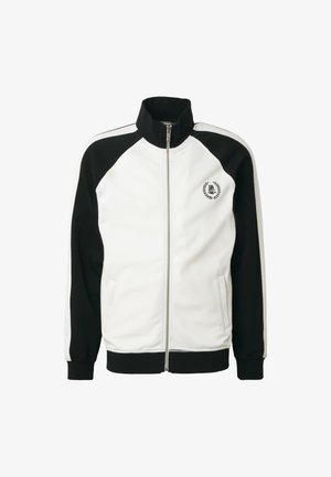 Bílo-černá bunda na zip s vysokým límcem, dlouhými rukávy, bočními kapsami a malým logem věnce z vavřínu na levé straně hrudi.