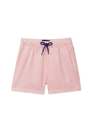 Short de bain rayé vertical rouge et blanc avec taille élastique et cordon bleu marine noué en nœud à l'avant.