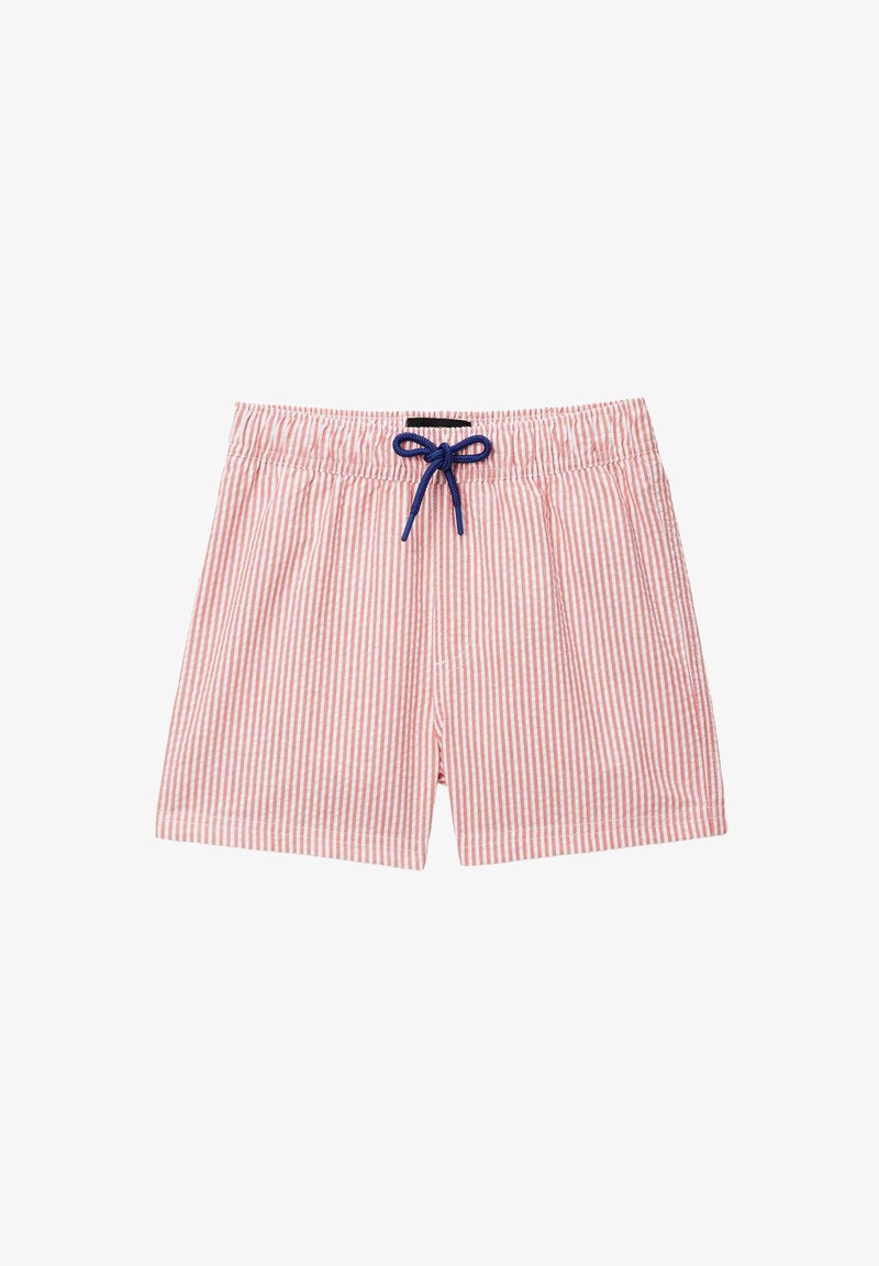 Short de bain rayé vertical rouge et blanc avec taille élastique et cordon bleu marine noué en nœud à l'avant.