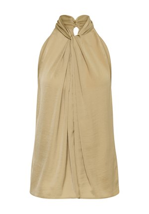 Haut beige en satin à col halter avec un détail froncé en forme de trou de serrure au niveau du décolleté et de doux plis tombant sur le devant.