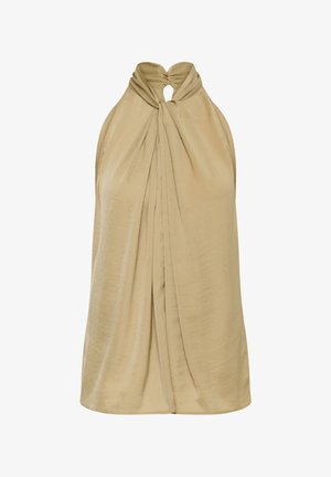 Beige satin halter neck top with gathered keyhole detail at the neckline and soft pleats draping down the front.