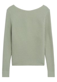 Jasnozielony, prążkowany sweter z długim rękawem, z szerokim dekoltem w stylu łódki i dopasowanymi mankietami.