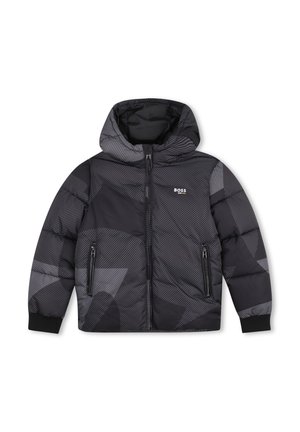 Zwart en grijs patroon pufferjack met capuchon, ritssluiting aan de voorkant, ritssluiting zakken en "BOSS" logo op de borst.