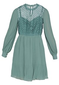 Abito a maniche lunghe in teal con plissettature, yoke in pizzo, polsini con bottoni e scollatura rotonda con chiusura a occhio.