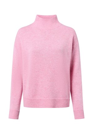 Roze gebreide trui met een hoge ribbelhals, lange mouwen en een ontspannen pasvorm. Zachte textuur met een subtiele heatherpatroon overal.