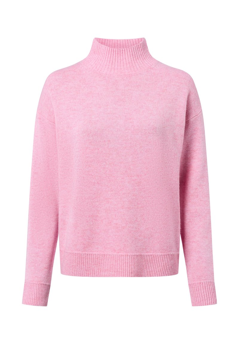 Rosa gestrickter Pullover mit hohem Rippkragen, langen Ärmeln und lässigem Schnitt. Weicher Stoff mit einem dezenten melierten Muster.