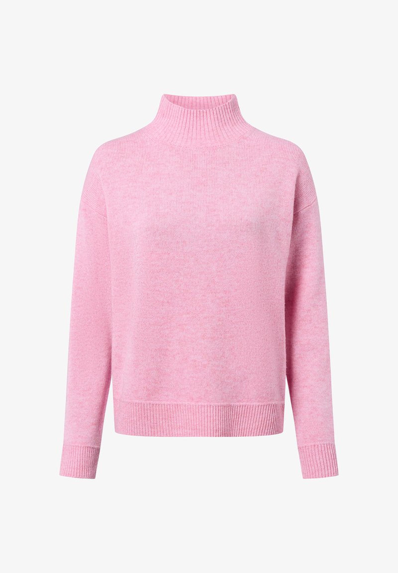 Roze gebreide trui met een hoge ribbelhals, lange mouwen en een ontspannen pasvorm. Zachte textuur met een subtiele heatherpatroon overal.