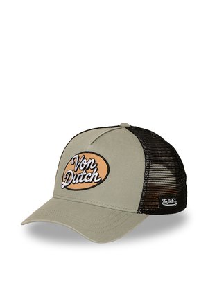 Casquette de baseball avec panneau avant gris, dos en mesh noir et logo "Von Dutch" brodé à l'avant et sur le côté.
