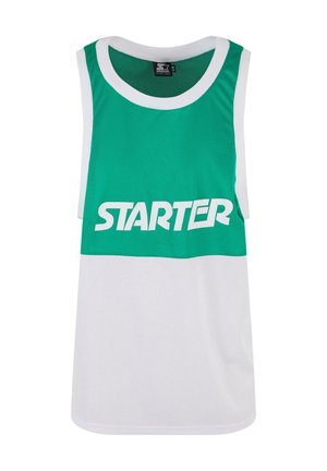 Zöld és fehér ujjatlan sportpóló, amely hálós anyagból készült, az "STARTER" szó fehér színben jól láthatóan szerepel a mellkason.