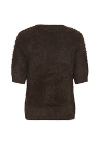 Pull en maille duveteuse à manches courtes de couleur brun foncé avec un col rond, présenté de dos sur un fond blanc.