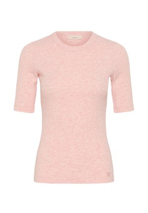 Haut en maille rose pâle à manches courtes avec encolure ronde et texture chinée subtile, présenté sur un fond blanc.