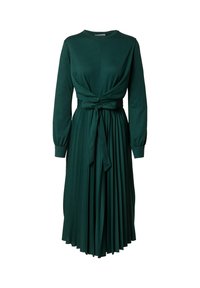 Grünes Langarmkleid aus weichem Stoff. Verfügt über ein tailliertes Oberteil, einen verdrehten Frontbereich und einen plissierten Rock mit einem Bindegürtel in der Taille.