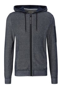 Dunkelblaues Zip-Hoodie aus strukturierter Stoff, mit Kapuze zum Festziehen, gerippten Bündchen und einer Reißverschlusstasche an der linken Ärmel. 