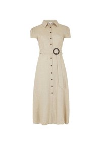 Robe midi en lin beige avec un col, des manches courtes bouffantes, des boutons sur le devant, une taille ceinturée et une boucle circulaire en accent.