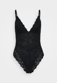 Fekete csipke bodysuit mély V-nyakkal, állítható pántokkal, virágmintákkal, valamint fodros szegélyekkel a nyakvonalnál és a lábnyílásoknál.