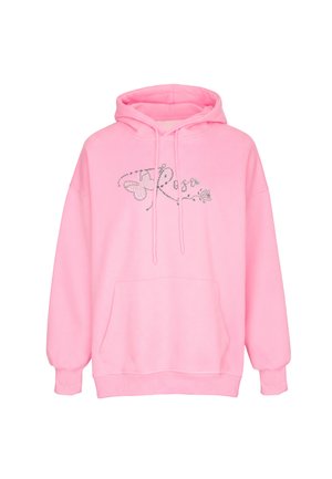 Lyserød hættetrøje med forlommer, snøre i hætten og rhinsten design af en sommerfugl, ordet "Rosa," og rose på brystet.