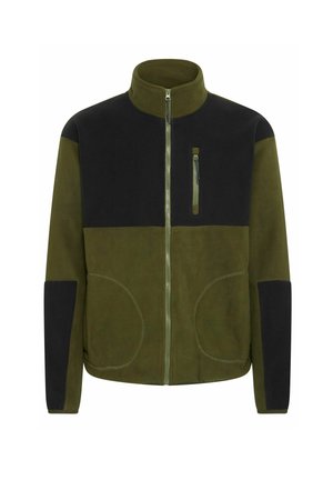 Fleece jacket in olive green and black, featuring a stand-up collar, zip pockets, and contrasting panels with a smooth texture.