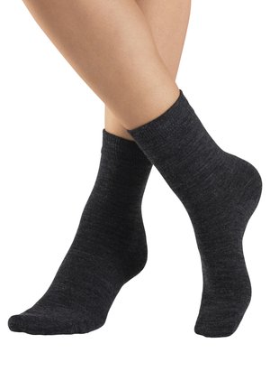 Dunkelgraue Knöchelsocken aus Mischmaterial mit einem gerippten Bündchen, glatter Textur und einem engen Sitz um den Fuß.