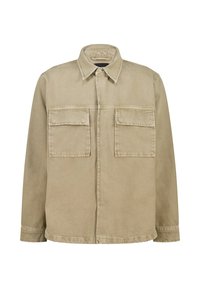 Giacca di denim beige con colletto a punta, chiusura frontale con bottoni e due tasche sul petto. Il tessuto ha una finitura liscia e leggermente texture.