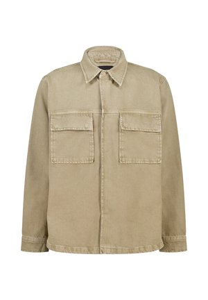 Beige denimjack met een puntige kraag, voorzijde met knoopsluiting en twee borstzakken. De stof heeft een gladde, licht gestructureerde afwerking.