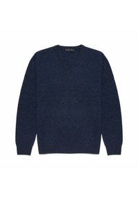 Navyblauwe v-hals trui gemaakt van zacht materiaal, met lange mouwen en geribbelde boorden. De textuur lijkt glad met minimale details.